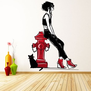 Vinilos decorativos mujer joven con gato