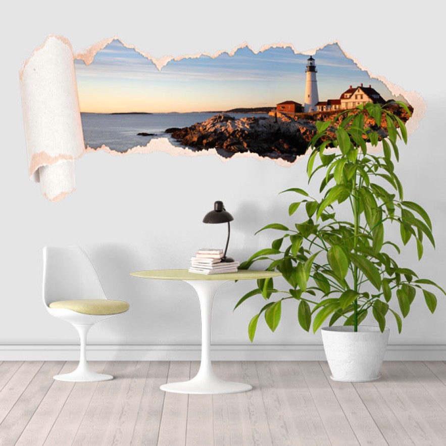 Vinilos papel rasgado3d  paisaje faro costa portland maine