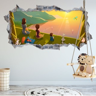 Vinilos decorativos infantiles agujero 3d dibujo familia en el campo