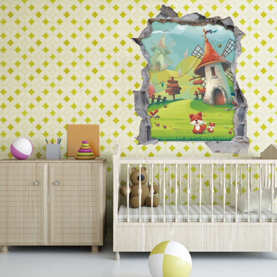 Vinilos infantiles agujero 3d paisaje con animales felices