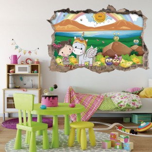 Vinilos infantiles agujero 3d niña y unicornio