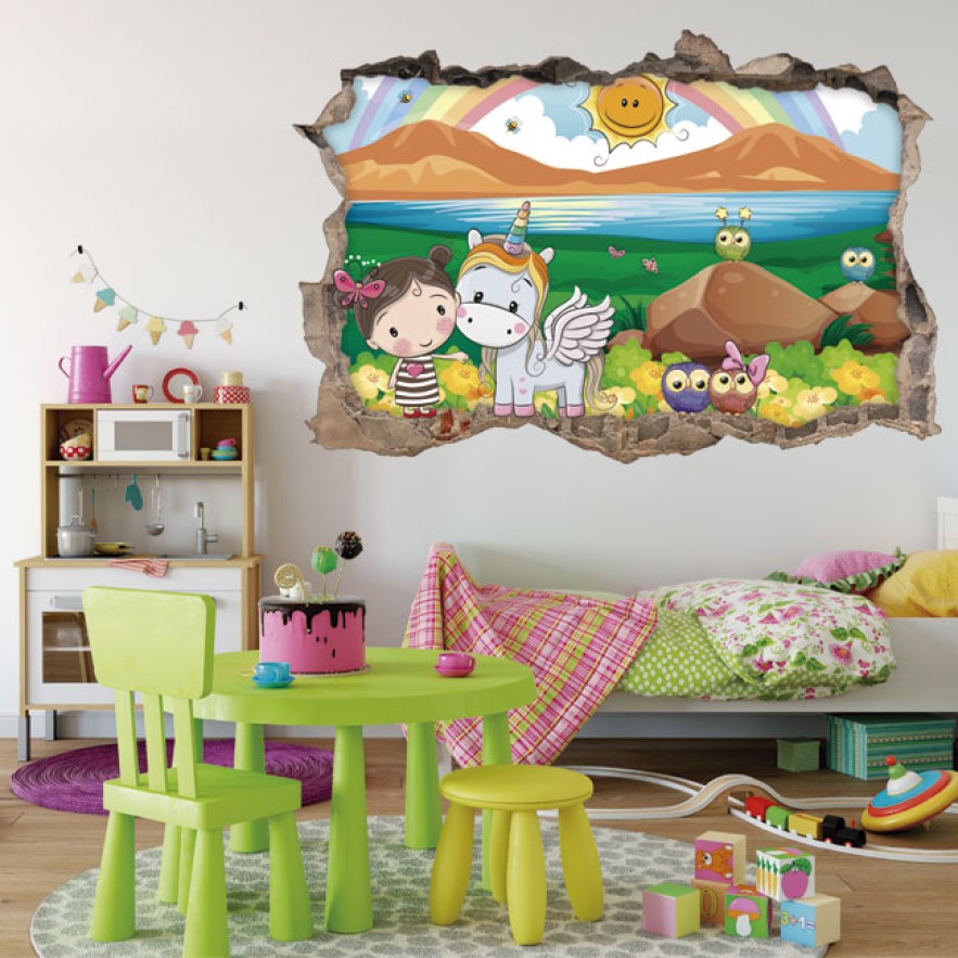 Vinilos infantiles agujero 3d niña y unicornio