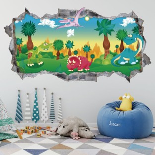Vinilos infantiles agujero 3d dinosaurios en la naturaleza