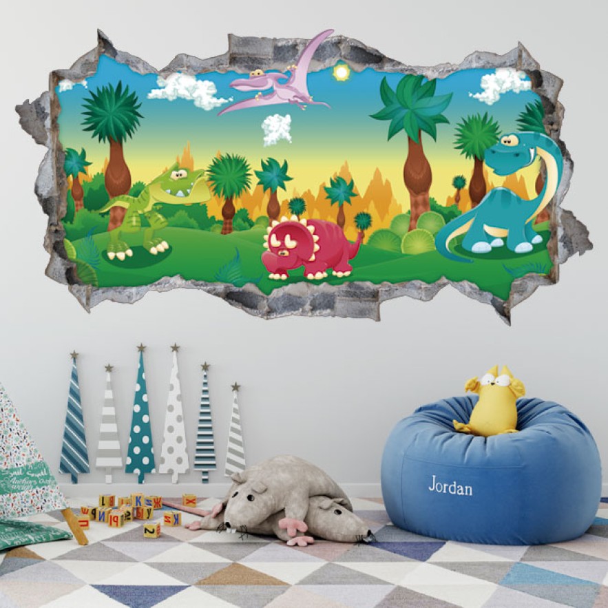 Vinilos infantiles agujero 3d dinosaurios en la naturaleza