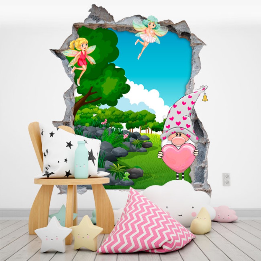Vinilos infantiles agujero 3d gnomo y hadas mágicas