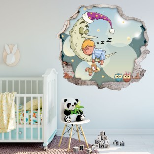 Vinilos infantiles agujero 3d niño durmiendo en la luna