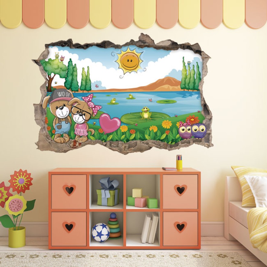 Vinilos  infantiles agujero 3d perritos amorosos