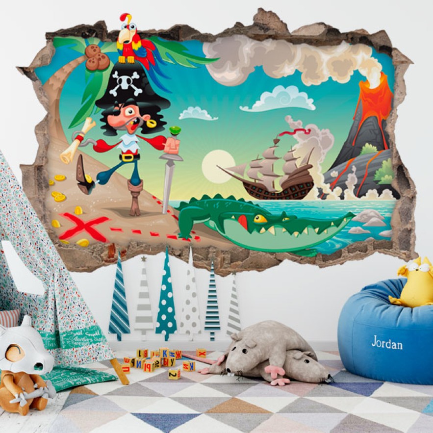 Vinilos infantiles agujero 3d pirata en la isla del tesoro