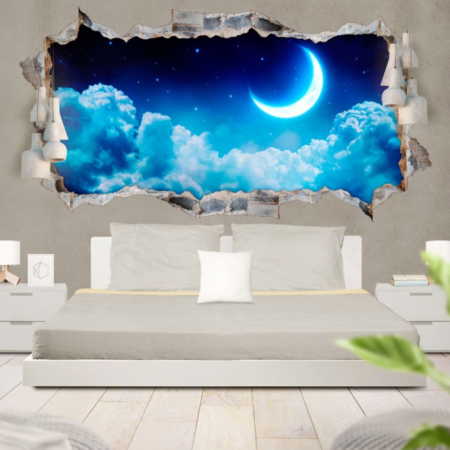 Vinilos agujero 3d vista nubes luna y estrellas