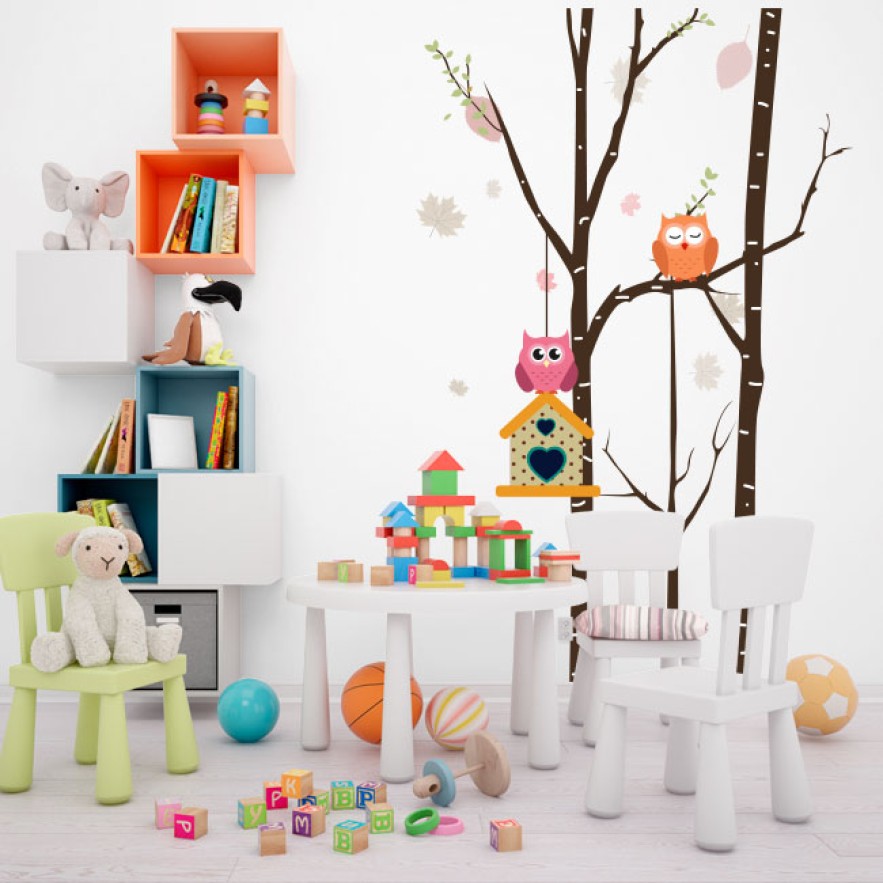 Vinilos naturaleza árbol y búhos infantiles