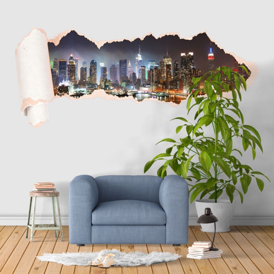 Vinilos papel rasgado 3d nueva york manhattan de noche
