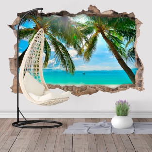 Vinilos decorativos agujero 3d paisaje palmeras en la playa
