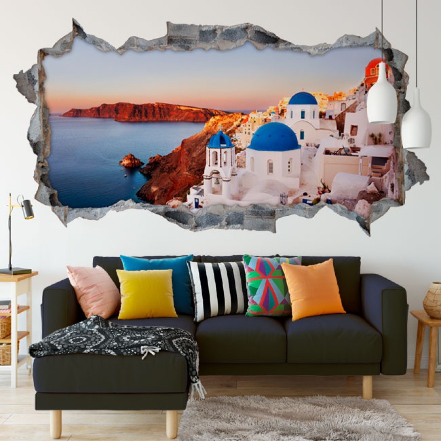 Vinilos agujero 3d paisaje santorini grecia