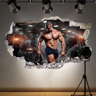 Vinilos 3d hombre con pesas en gimnasio