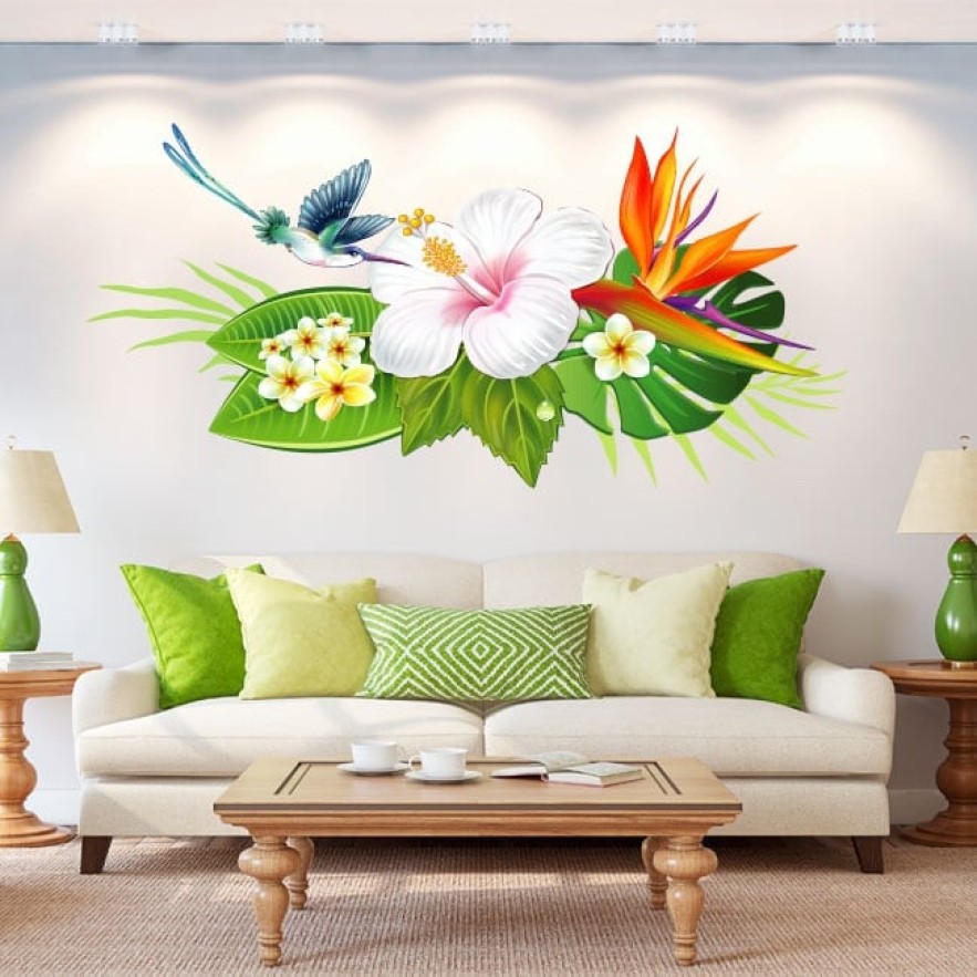 Vinilos para paredes flores y colibrí o picaflor
