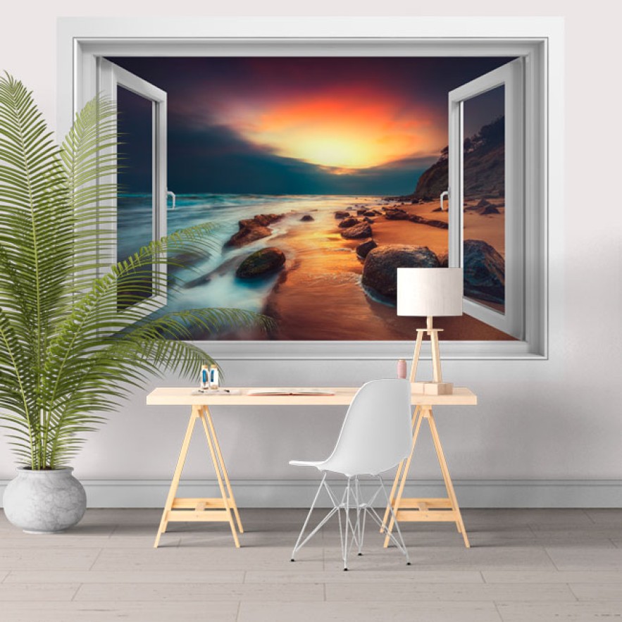 Vinilos decorativos ventana 3d amanecer en la playa