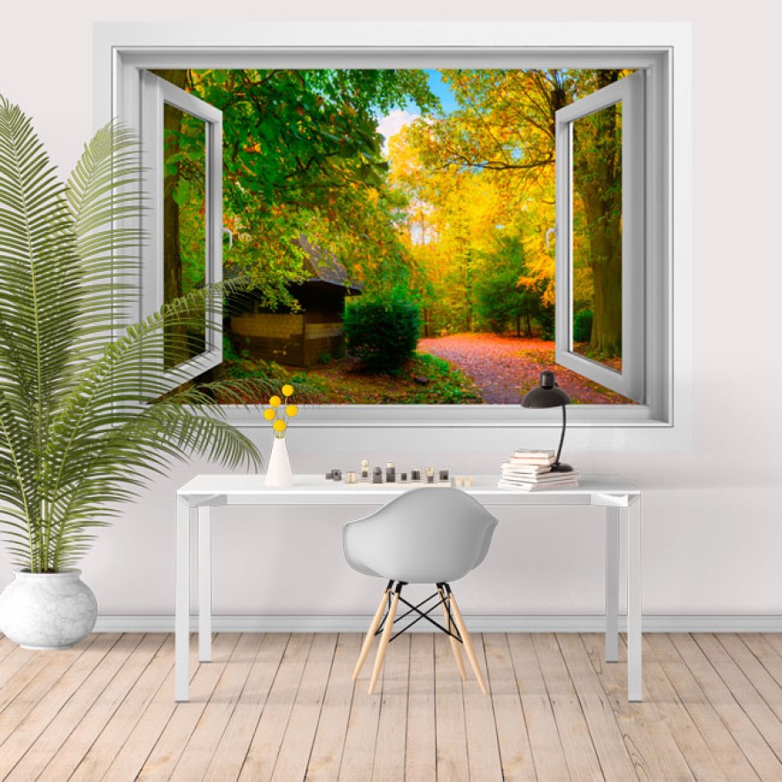 Vinilos efecto ventana 3d camino casa de campo