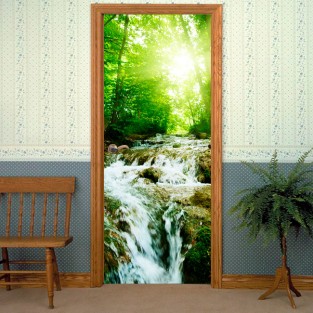 Vinilos puertas naturaleza cascada en el bosque