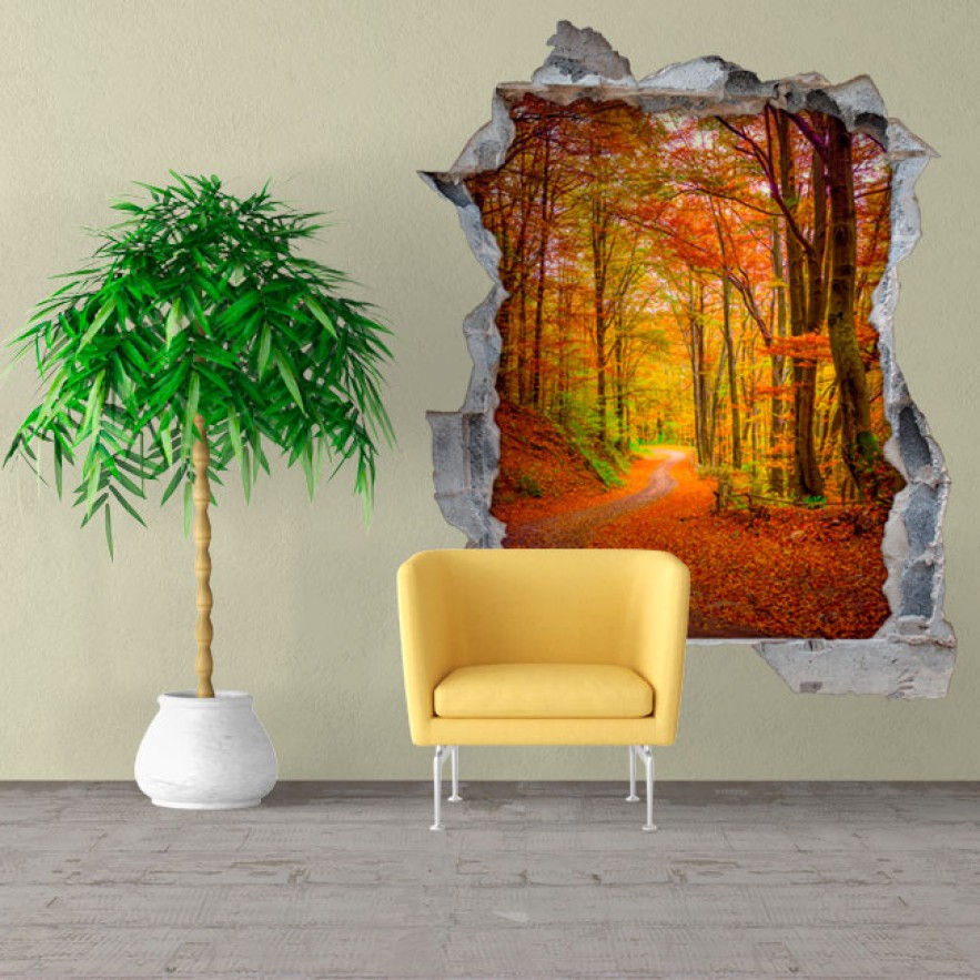 Vinilos agujero 3d carretera con árboles en otoño