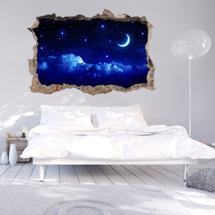 Vinilos agujero pared 3d luna y estrellas