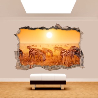 Vinilo agujero pared 3d cebras áfrica