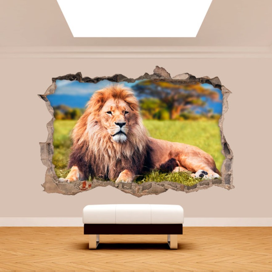 Vinilo agujero pared 3d león áfrica