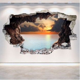 Vinilos agujero 3d vista desde cueva al atardecer Vinilos agujero 3d vista desde cueva al atardecer