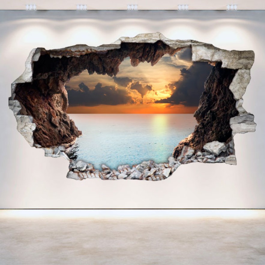 Vinilos agujero 3d vista desde cueva al atardecer