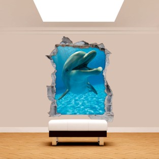Vinilo agujero pared 3d delfines