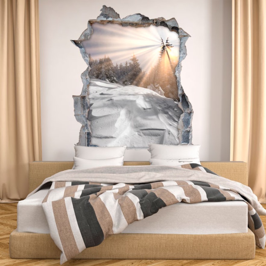 Vinilos agujero 3d pared rota montañas nevadas