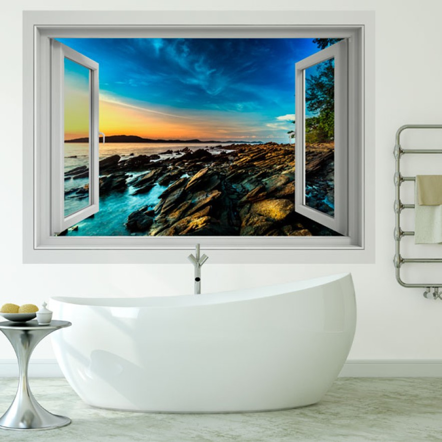 Vinilos efecto ventana 3d amanecer en la costa del mar