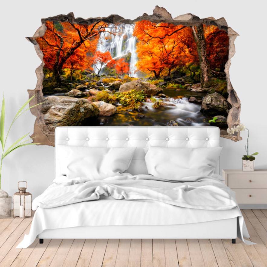 Vinilos agujero 3d cascadas en el bosque en otoño