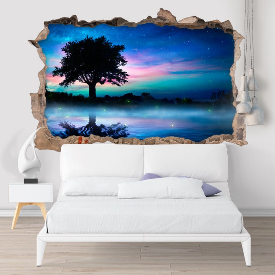 Vinilos agujero 3d árbol en noche mágica