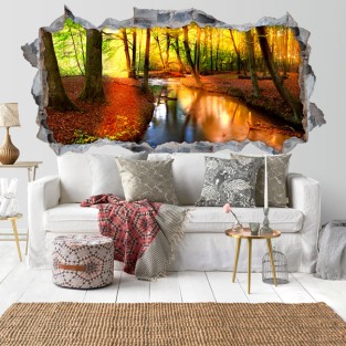 Vinilo agujero 3d paredes atardecer bosque otoño
