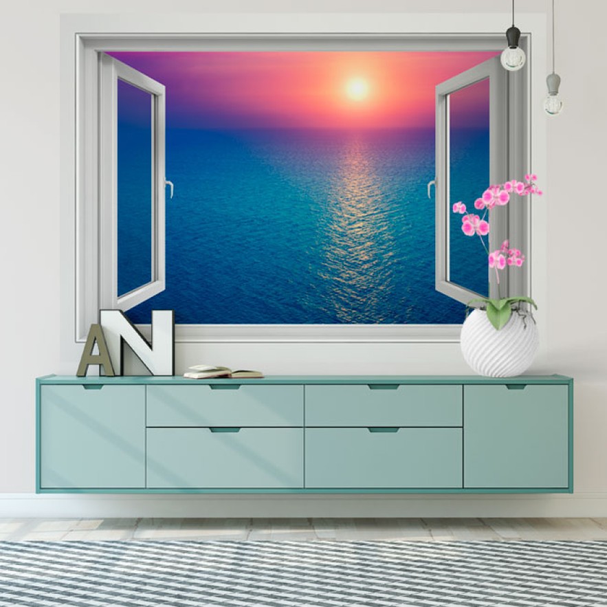 Vinilos ventana 3d atardecer en el océano