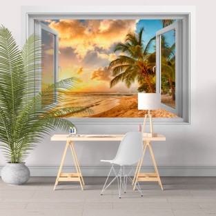 Vinilos efecto ventanas 3d atardecer en la playa barbados
