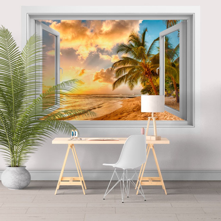 Vinilos efecto ventanas 3d atardecer en la playa barbados
