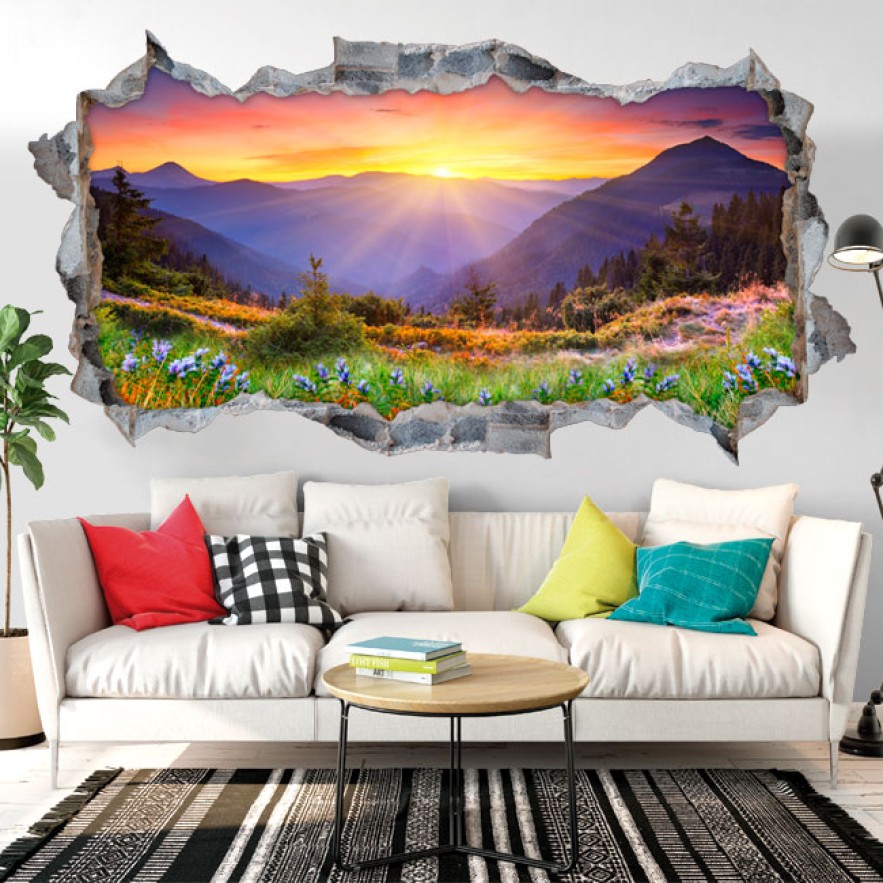 Vinilos agujeros 3d atardecer en las montañas