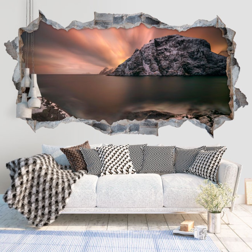Vinilos decorativos agujeros 3d atardecer islas lofoten noruega