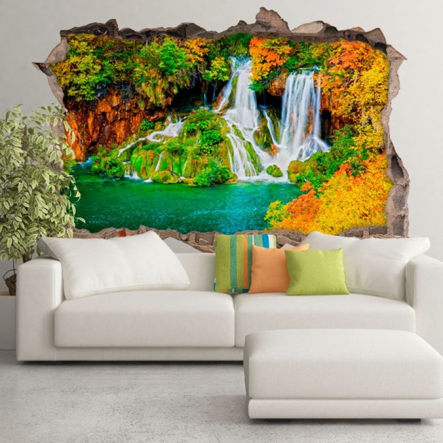 Vinilosagujero 3d cascada bosque en otoño
