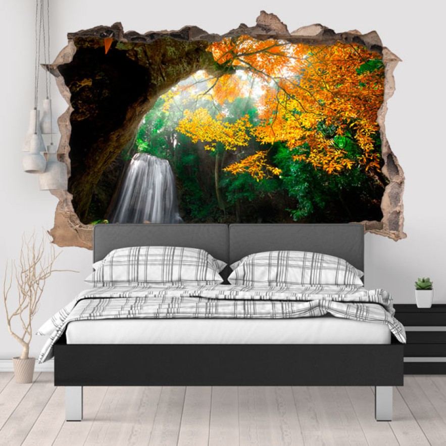 Vinilos agujero 3d cascada en bosque otoñal