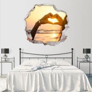 Vinilo agujero 3d paredes corazón atardecer manos Vinilo agujero 3d paredes corazón atardecer manos