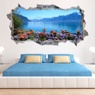 Vinilos agujero 3d paisaje flores en el lago lemán suiza Vinilos agujero 3d paisaje flores en el lago lemán suiza