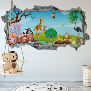 Vinilos agujero 3d infantiles dibujo animales naturaleza