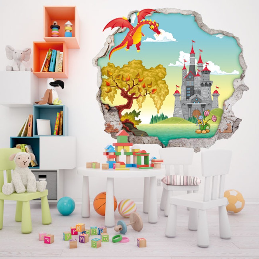 Vinilos infantiles agujero 3d dragón y castillo