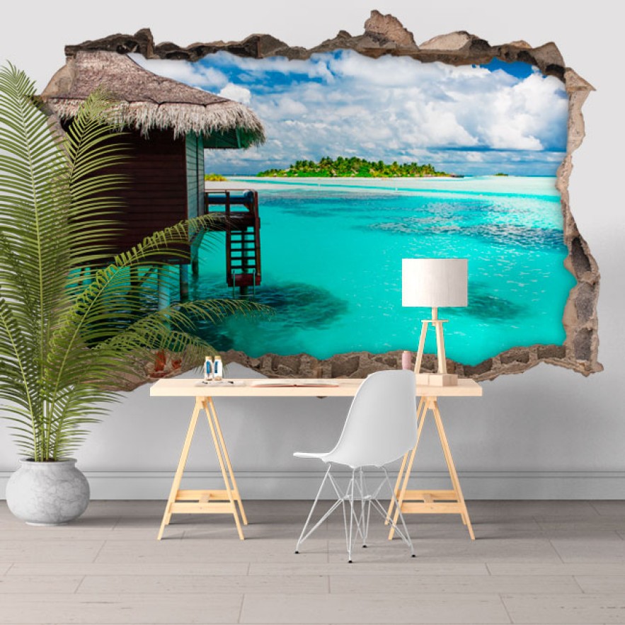 Vinilos agujero 3d paisaje isla laguna azul
