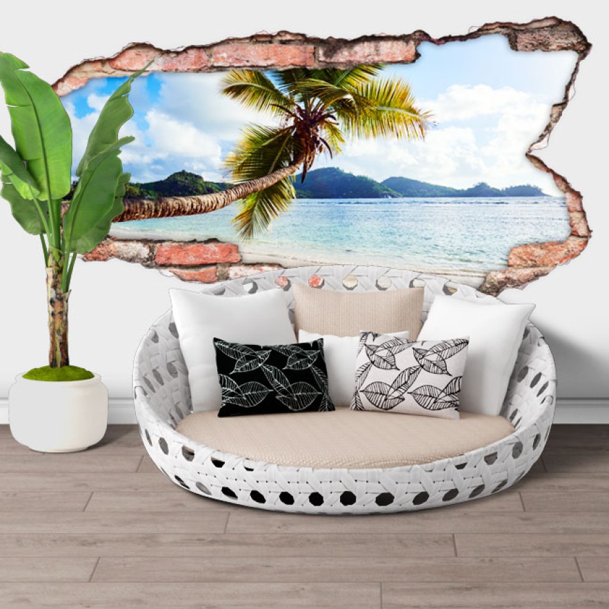 Vinilos paisaje palmera islas seychelles agujero 3d