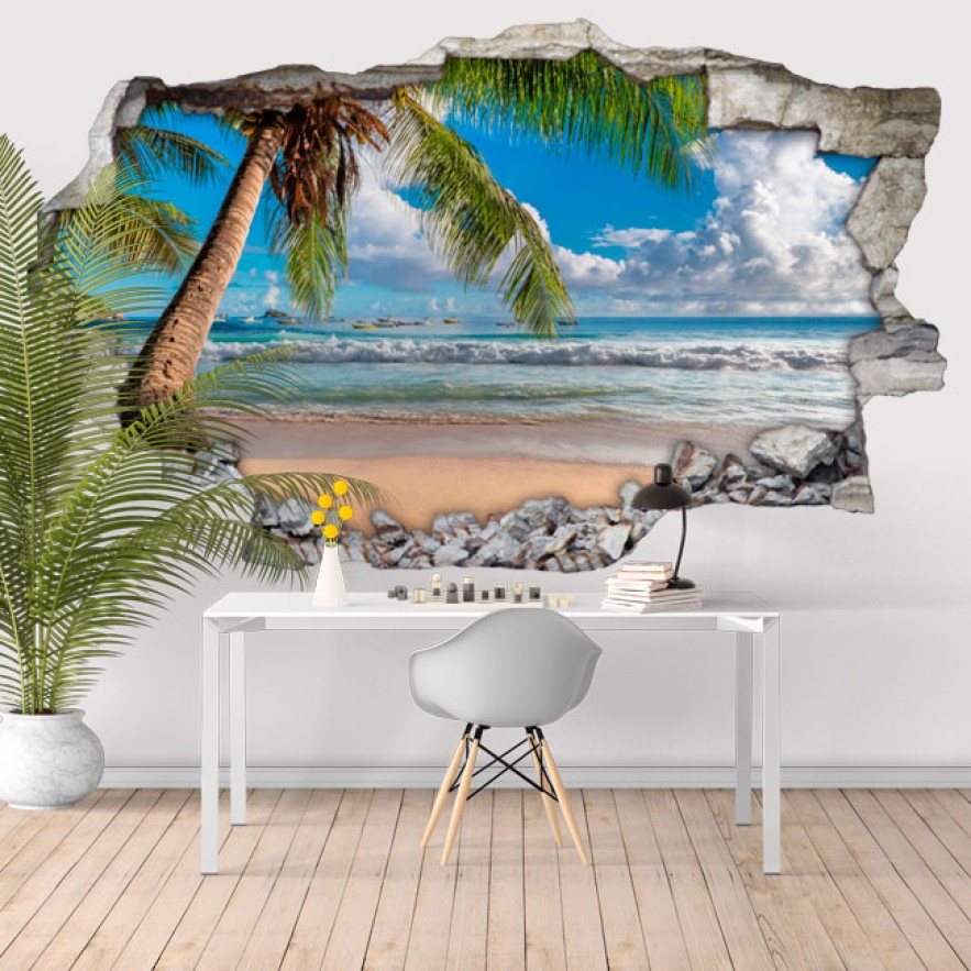 Vinilos agujero 3d palmera playa