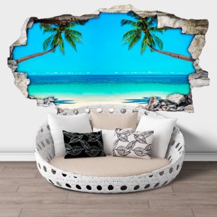 Vinilos agujero 3d paisaje palmeras en la playa