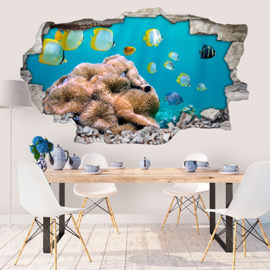 Vinilo agujero 3d peces en el mar